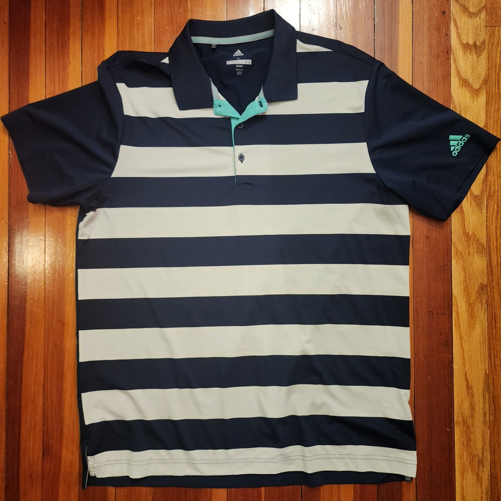 Adidas Men's Navy and Off White Striped Polo Shirt